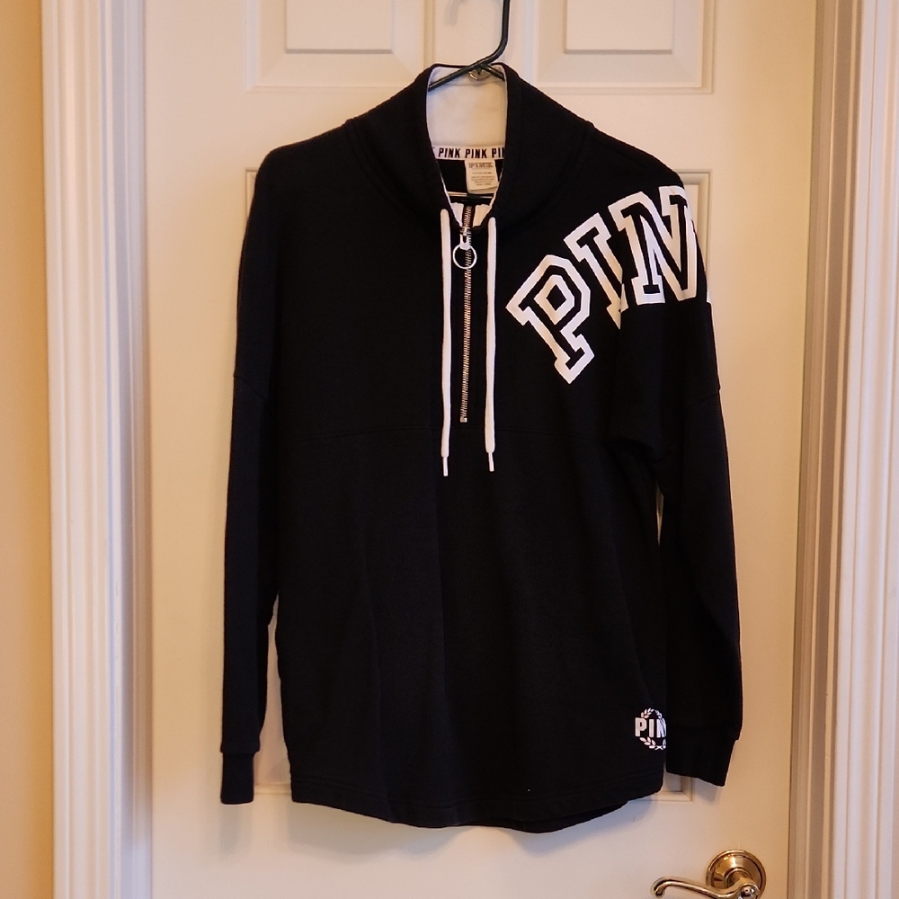 PINK by Victoria's Secret Sweatshirt Black 1/4 Zip with Pockets Size S